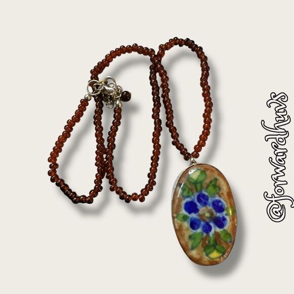 Hand Painted Pendant Necklace with Seed Bead Chain - Picture 11 of 12